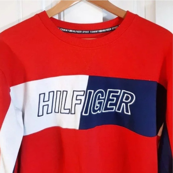 VTG TOMMY HILFIGER SPORT Red Crew Neck Color Block Pullover Terry Sweatshirt L - Picture 2 of 6